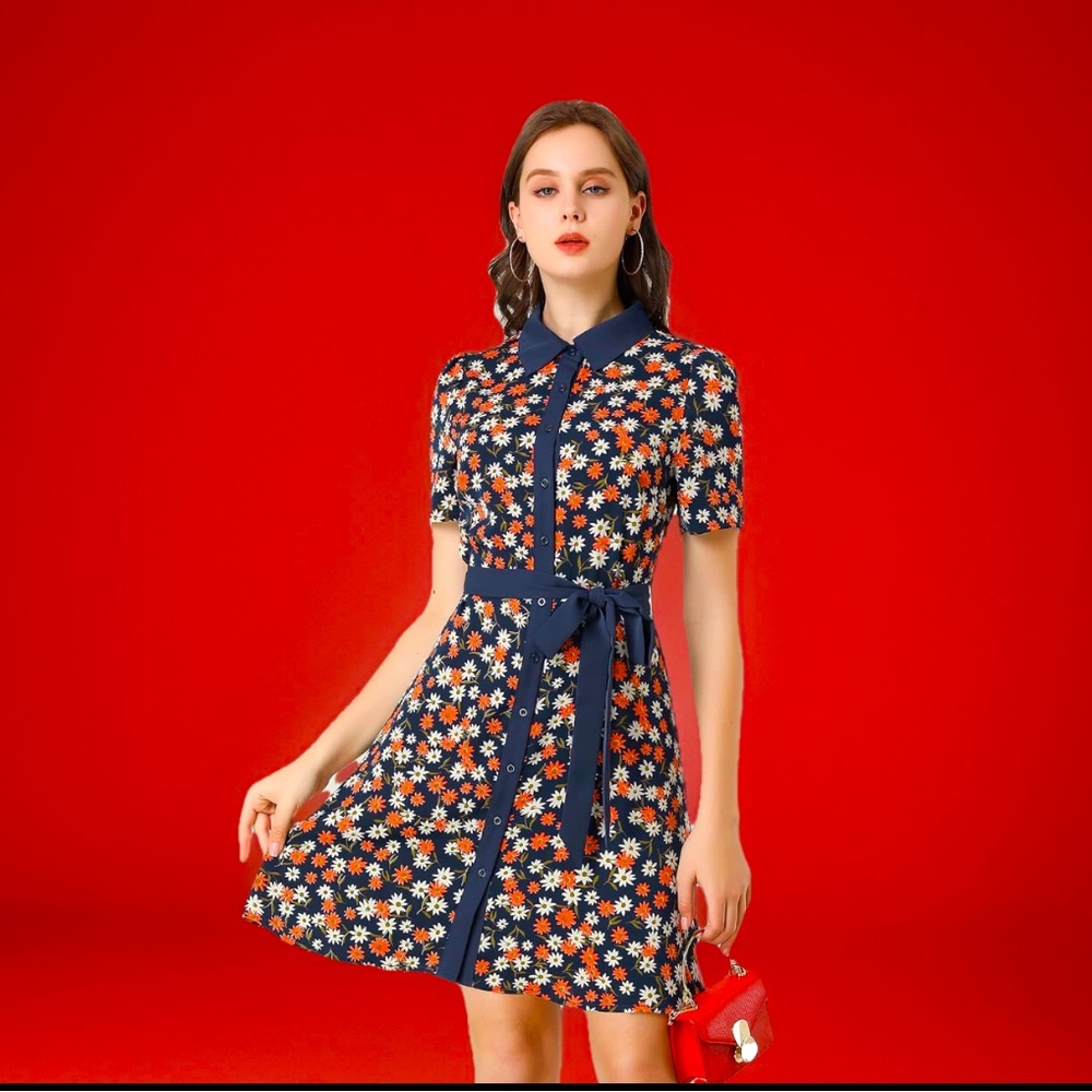 Floral Shirt Dress W/Contrast Collar Button- Down Placket A-Line NWT